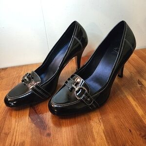 Joan & David Black Patent Leather Heels with Silver Buckle